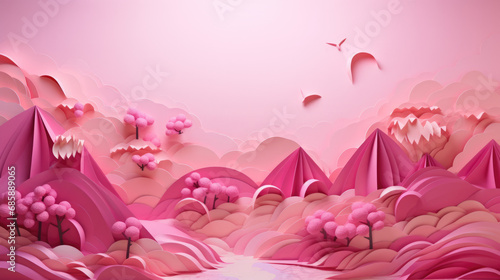 greeting card, pink abstract landscape in the style of paper sculpture