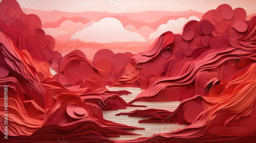 greeting card, crimson abstract landscape in the style of paper sculpture
