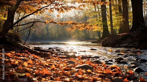 Radiant shallow depth-of-field showcasing a riverbank in autumn  fallen leaves scattered  sunlight