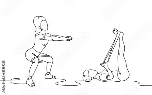 Young woman. Fitness. Squat. Rubber bands. One line