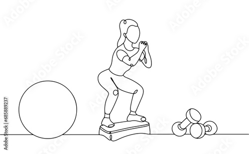 Young woman. Fitness. Squat. One line
