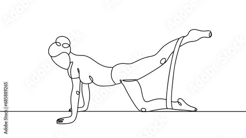 Young woman. Rubber bands. Fitness. One line