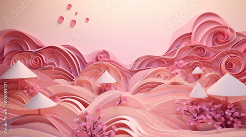 greeting card, pink abstract landscape in the style of paper sculpture