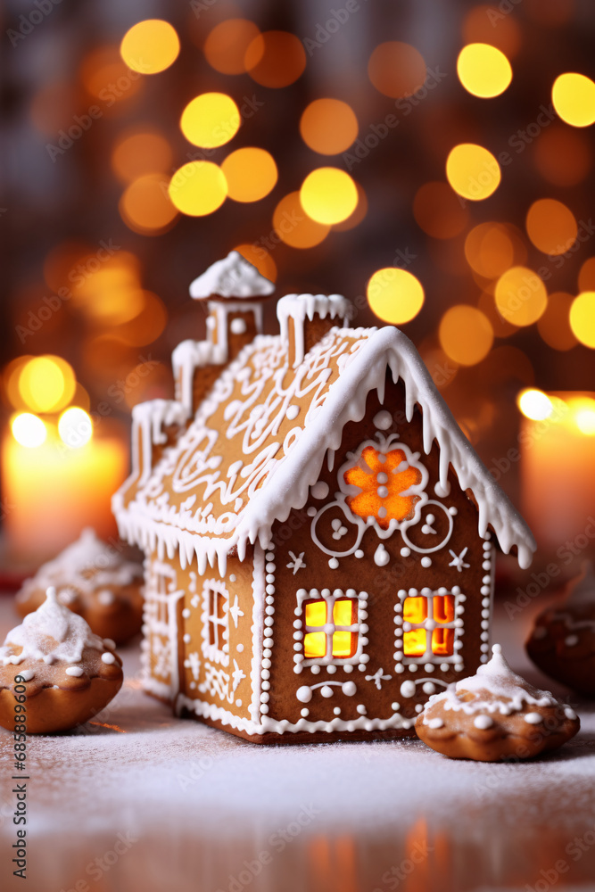 Beautiful gingerbread houses and candles on table in room decorated for Christmas, with bokeh lights, xmas tree. Christmas and New Year concept. created with Generative AI