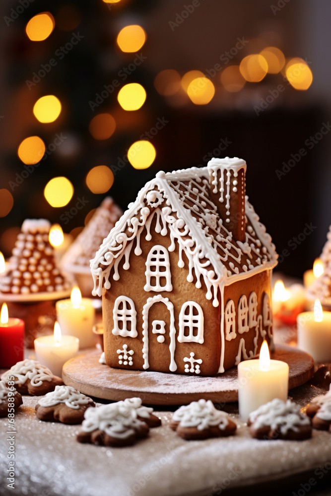 Beautiful gingerbread houses and candles on table in room decorated for Christmas, with bokeh lights, xmas tree. Christmas and New Year concept. created with Generative AI Beautiful gingerbread houses and candles on table in room decorated for Christmas, with bokeh lights, xmas tree. Christmas and New Year concept. created with Generative AI