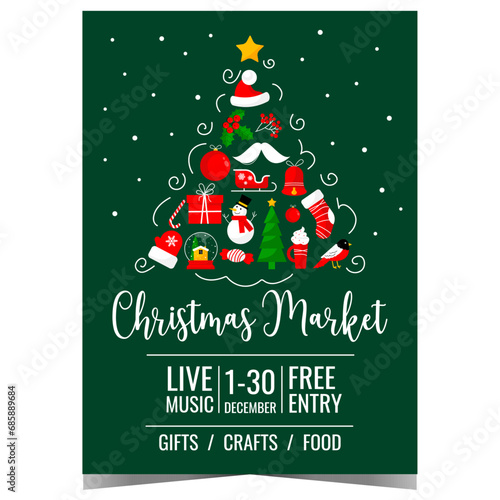 Christmas market banner with holiday decorations in the shape of a Christmas tree. Christmas fair invitation to celebrate together with family and to feel the festive spirit and miracle of Christmas.