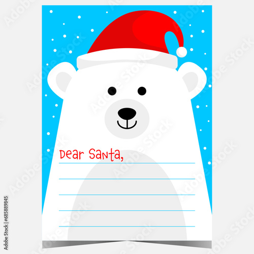 Christmas wish list with polar bear cartoon character in the background. Letter template to Santa with blank space to fill out and send to the North Pole during the winter holidays to receive gifts.