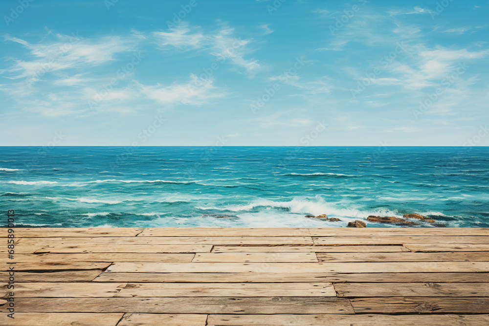 An empty wooden table with the ocean behind it. AI generative