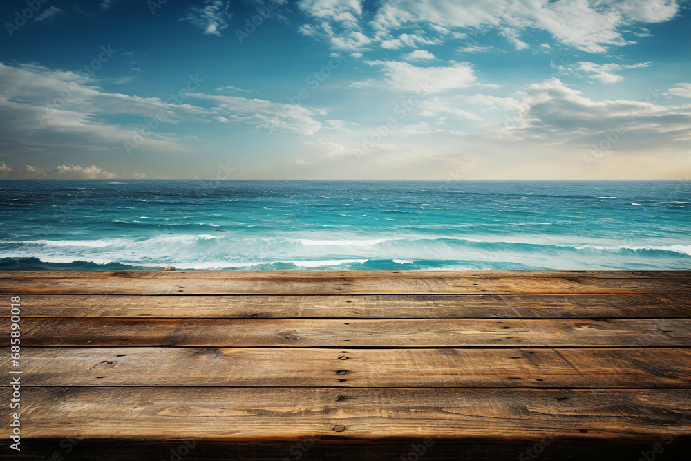 Fototapeta premium An empty wooden table with the ocean behind it. AI generative