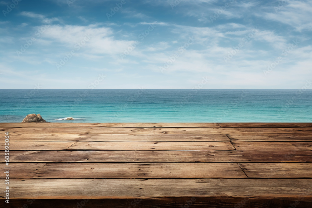 An empty wooden table with the ocean behind it. AI generative An empty wooden table with the ocean behind it. AI generative