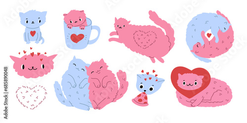 Cute kittens set. Valentine's Day animals, love couples, sweet cats. for decoration invitations, greeting cards