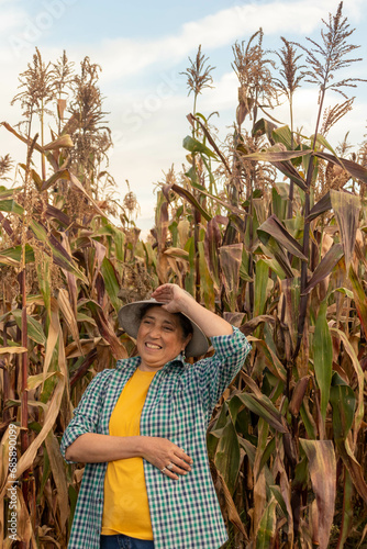 granjera con gran sonriza con la mano sujetando su sombrero de paja lista para lanzarlo por los aires esta parada frente a un sembrío de cañas de maíz seco, mujer adulta en sus 50 años feliz y empoder photo