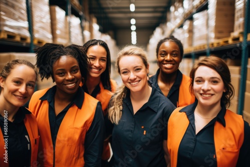 Group portrait of young and diverse women in a warehouse