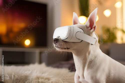 Concept dog wearing virtual reality glasses in the apartment.