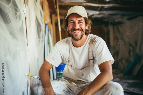 Portrait of a young smiling painter refurbishing home photo