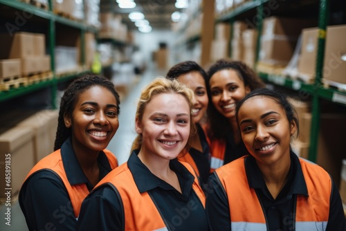 Group portrait of young and diverse women in a warehouse