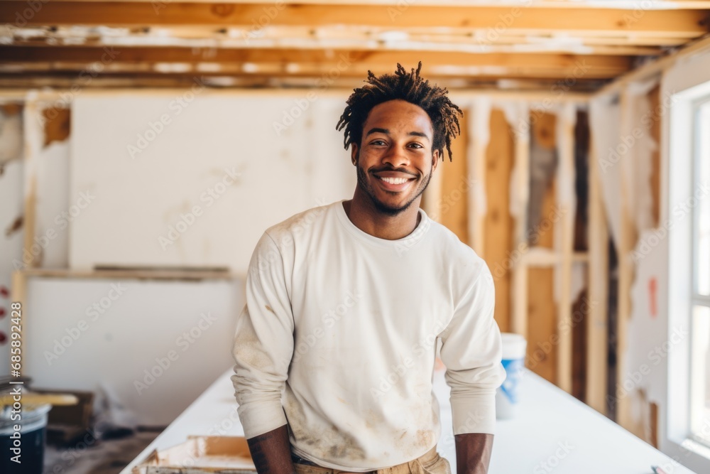 Portrait of a young smiling worker renovating home Portrait of a young smiling worker renovating home