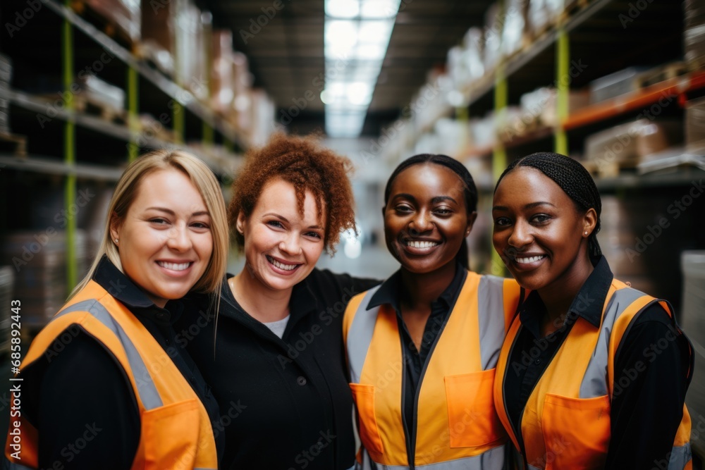 Group portrait of young and diverse women in a warehouse Group portrait of young and diverse women in a warehouse