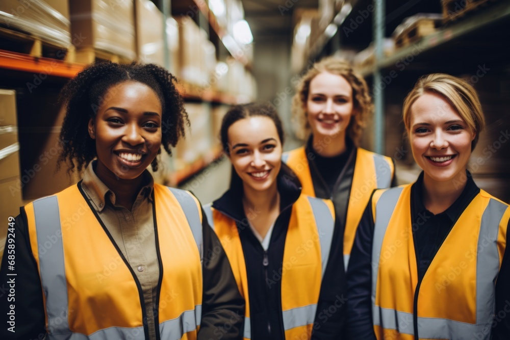 Group portrait of young and diverse women in a warehouse Group portrait of young and diverse women in a warehouse