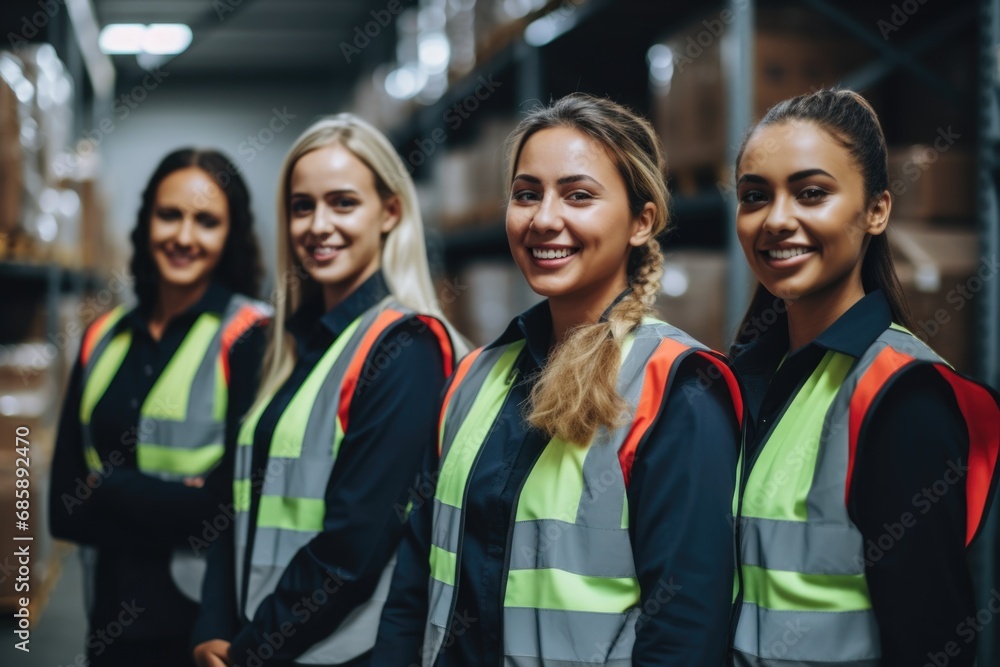 Obraz premium Group portrait of young and diverse women in a warehouse