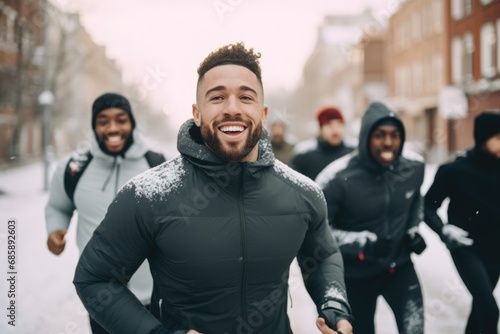 Group of diverse young male runners jogging in snowy city © NikoG