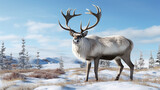 Reindeer in winter tundra. Reindeer grazes in the tundra nearby at a frosty winter day generative ai
