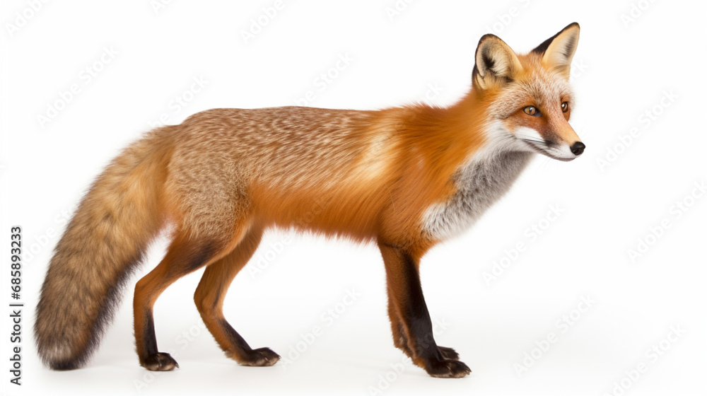 Red fox (Vulpes vulpes) with a bushy tail isolated on white background. generative ai