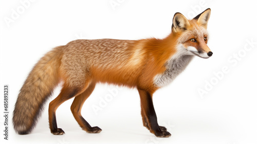 Red fox (Vulpes vulpes) with a bushy tail isolated on white background. generative ai