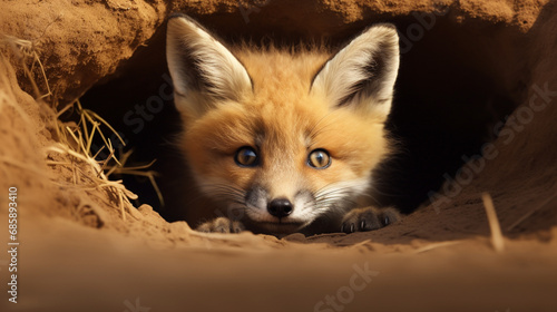 Red fox kit. Little fox peeking. generative ai