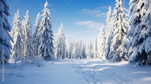 Snow-covered pine trees in a winter forest