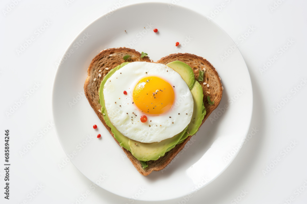 Heart shaped toast with avocado and fried egg in a plate on white background. Top view. Valentines day food concept. Festive breakfast Heart shaped toast with avocado and fried egg in a plate on white background. Top view. Valentines day food concept. Festive breakfast