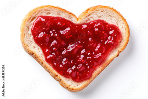 Heart shaped toast with raspberry jam on white background. Top view. Valentines day food concept photo