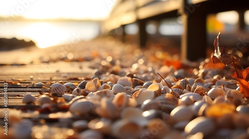 Stunning defocused view capturing a beachside boardwalk in autumn, fallen seashells, sunlight