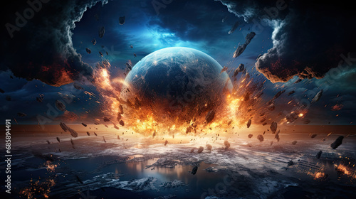Giant meteorite impacts on earth, asteroid in collision with earth, comet crash, earth destruction photo