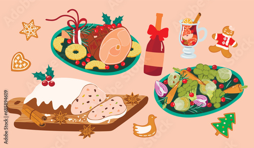 Christmas food collection.Leg ham,stollen,spiced wine, baked vegetables and gingerbread.Festive dishes for winter holidays meal.Festive goodies for Xmas  party.Vector hand drawn colorful illustration.