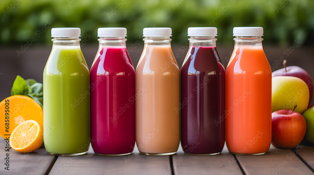 Des bouteilles de jus frais alignées sur une table en bois. Des bouteilles de jus frais alignées sur une table en bois.