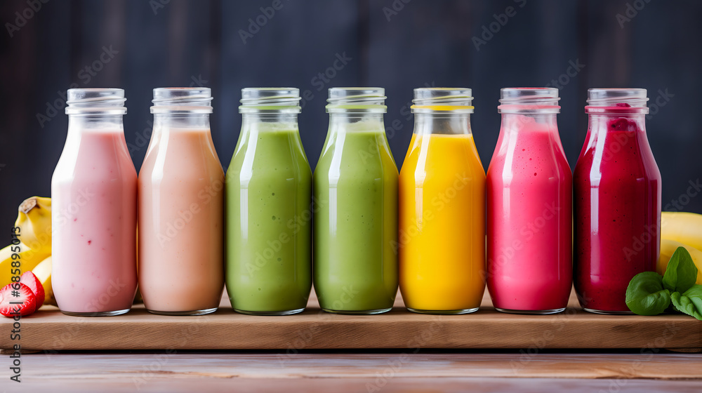 Des bouteilles en verre contenant des smoothies de différentes couleurs alignées sur une planche en bois. Des bouteilles en verre contenant des smoothies de différentes couleurs alignées sur une planche en bois.