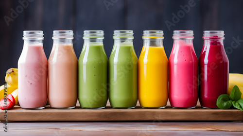 Des bouteilles en verre contenant des smoothies de différentes couleurs alignées sur une planche en bois. photo