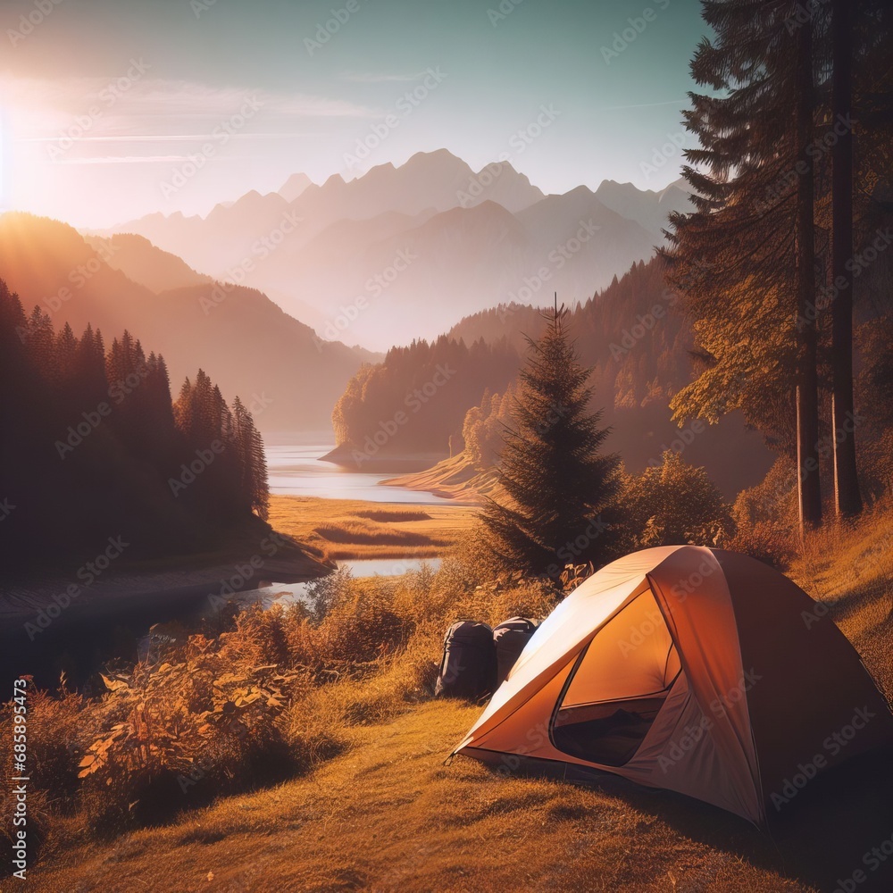 Camping in a beautiful natural landscape on a sunny evening