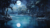 Moonlit Lagoon: Illustrate the serenity of the Blue Lagoon under the soft glow of moonlight, creating a dreamlike and enchanting ambiance