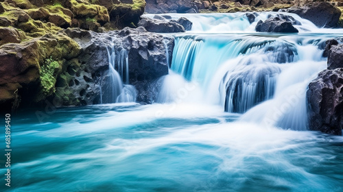 Cascading Waters: Capture a waterfall flowing into the Blue Lagoon, adding an element of dynamic movement and natural beauty to the landscape