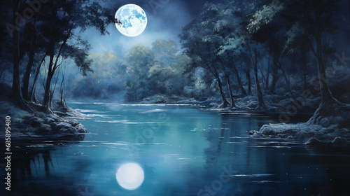 Moonlit Lagoon: Illustrate the serenity of the Blue Lagoon under the soft glow of moonlight, creating a dreamlike and enchanting ambiance © Наталья Евтехова