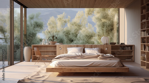 habitación con decoración moderna en madera clara con cama, mesita, jarrón, librería y gran ventanal con vistas al bosque photo