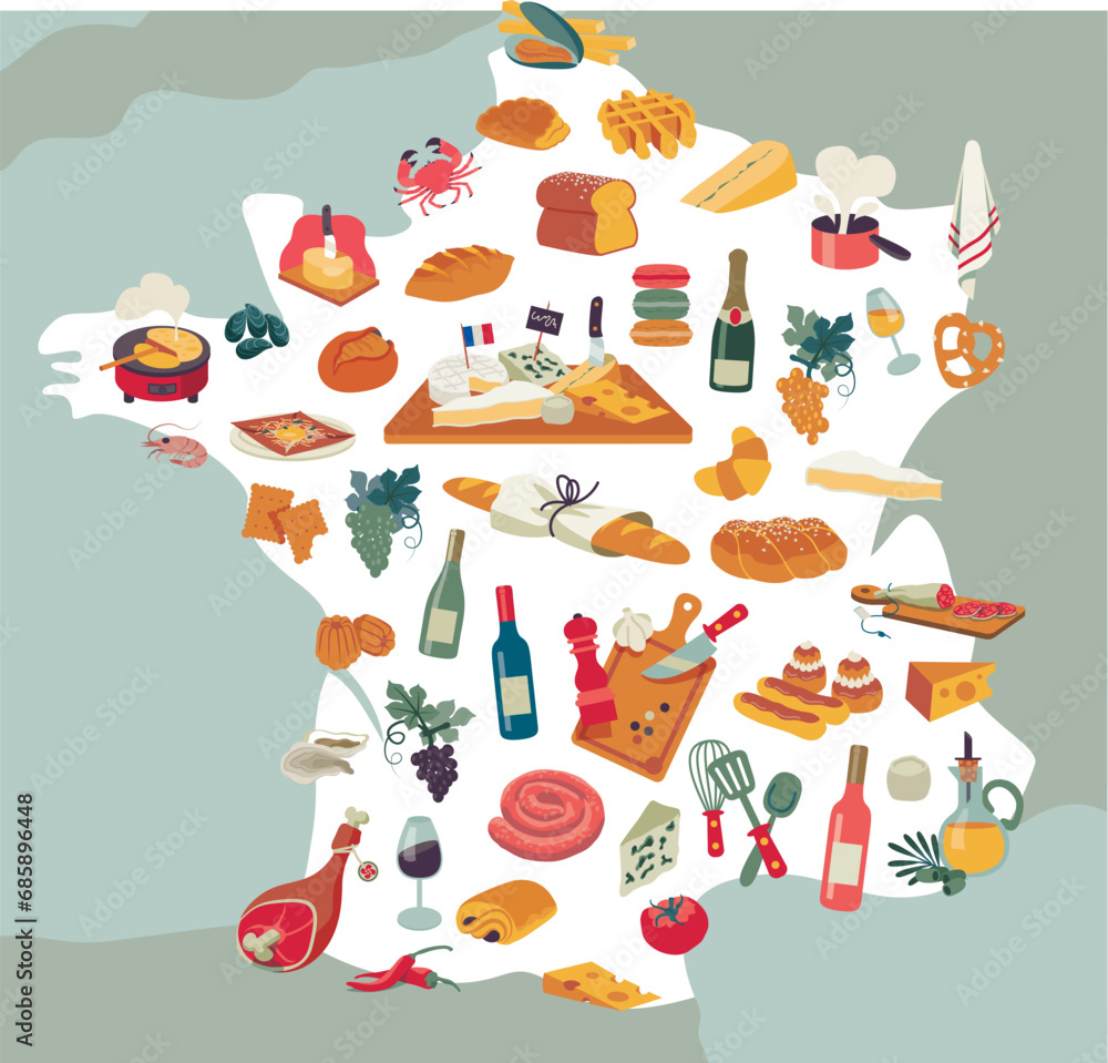 France map, with french food. Bakery, bread, croissant, wine and cheese. Vector illustration isolated on a white background.