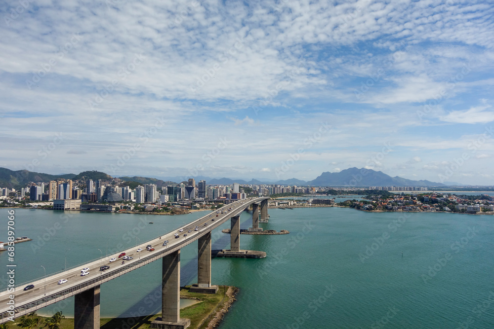 panoramic of the Third Bridge, Terceira ponte, in Vitoria, ES, Brazil. Cityscape as backdrop