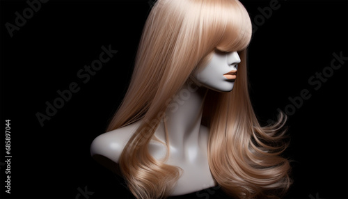 Natural looking blonde wig on white mannequin head. Long hair on the plastic wig holder isolated on black background, front view woman design