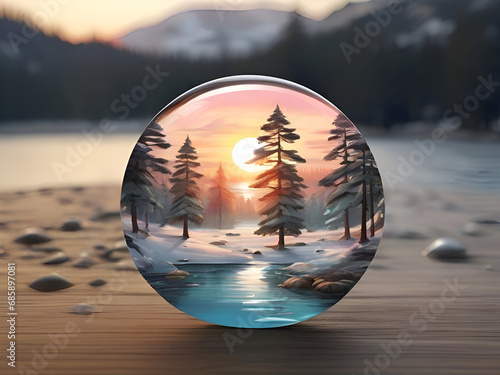 A painting of a fabulous pine forest landscape with snow inside a crystal glass sphere