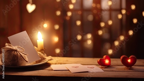 a love letter adorned with a heart symbol, placed against a backdrop of soft lights, creating a romantic ambiance on a white wooden table.