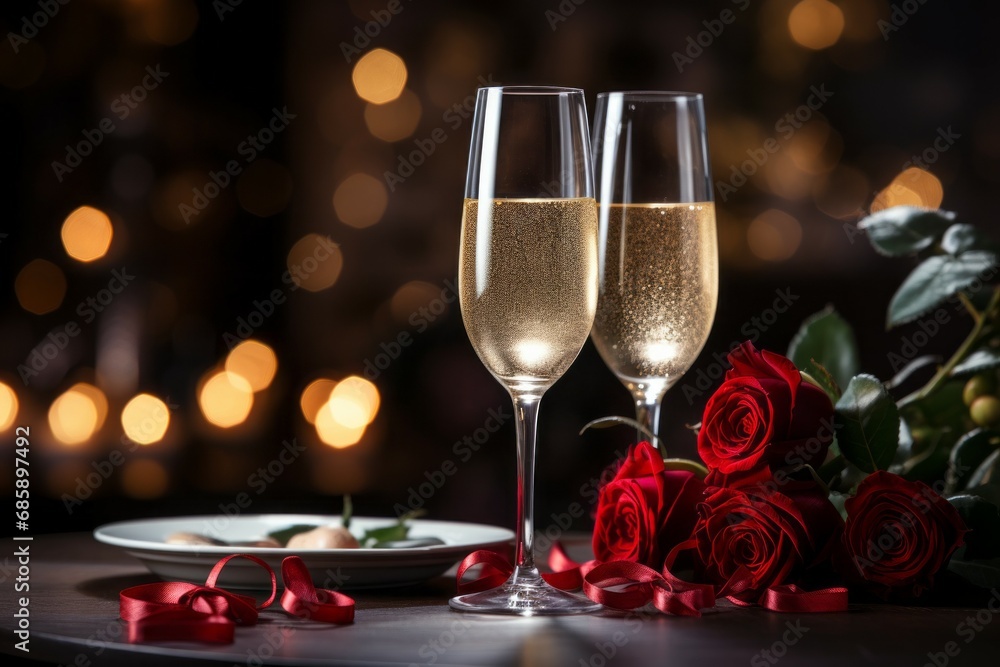 Champagne in the romantic atmosphere of lovers. Background with selective focus and copy space - obrazy, fototapety, plakaty 