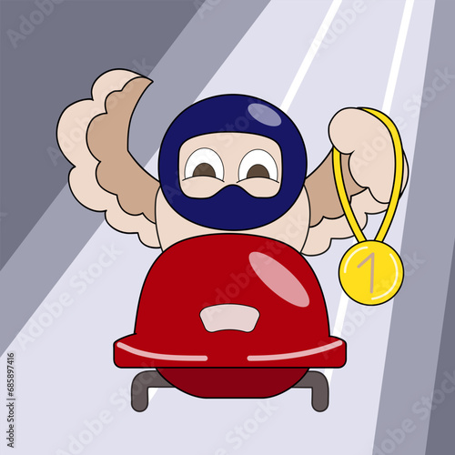 Happy owl bobsleigh winner in blue helmet sitting in red sleigh on icy track and hold a gold medal. Cartoon vector illustration of winter sport.